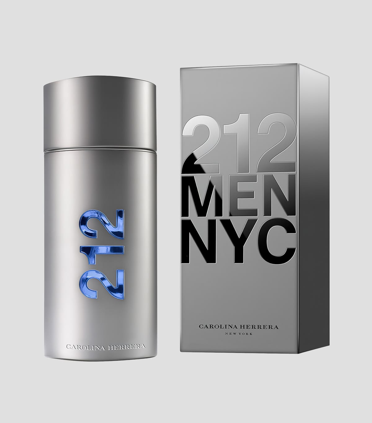 Carolina Herrera 212 MEN NYC Eau De Toilette Spray for Men 100ml 3.4 oz cylindrical metallic silver bottle and box
