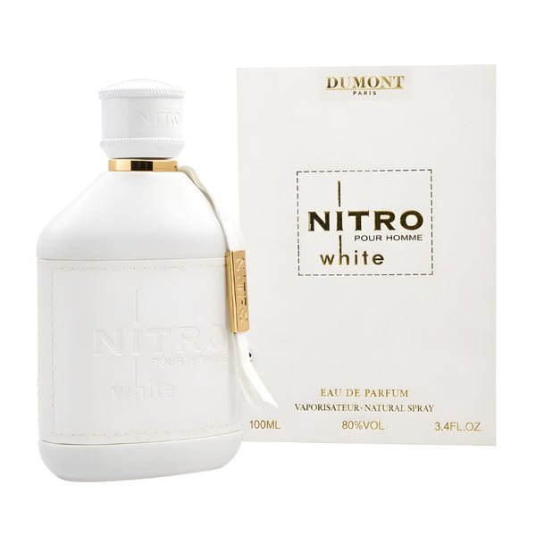 Dumont Nitro White Pour Homme Eau de Parfum 100ml 3.4 oz white perfume bottle with gold accents and cream box