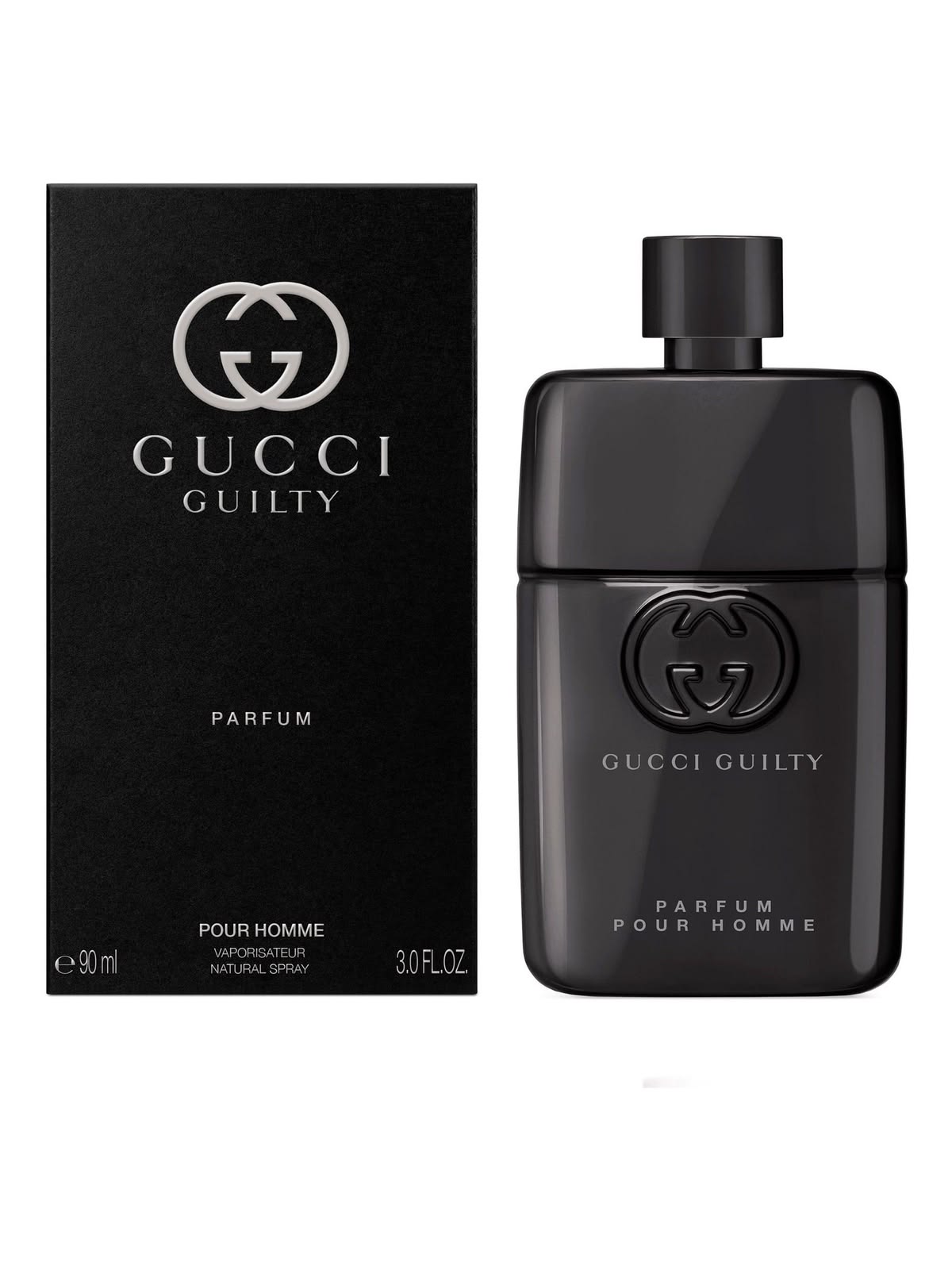 Gucci Guilty Pour Homme Eau De Parfum Spray for Men 90ml 3.0 oz heavy matte black glass bottle with silver interlocked G logo and dark box