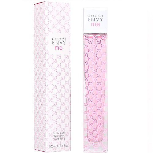 Gucci Envy Me Eau De Toilette Spray for Women 100ml 3.4 oz tall clear glass bottle with pink GG logo pattern and matching box