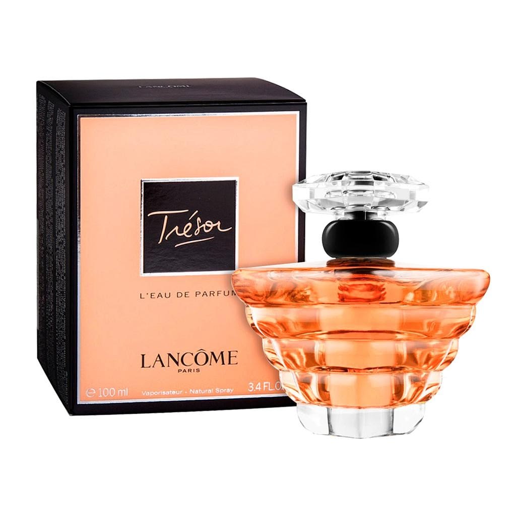 Lancôme Trésor Eau De Parfum Spray for Women 100ml 3.4 oz inverted pyramid glass bottle with golden juice and black square cap