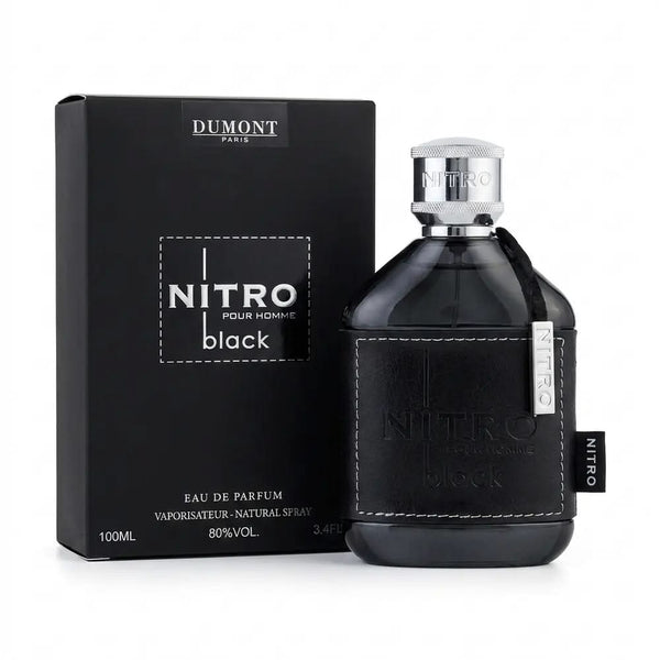 Dumont Nitro Black Pour Homme Eau de Parfum 100ml 3.4 oz black perfume bottle with silver cap and black box
