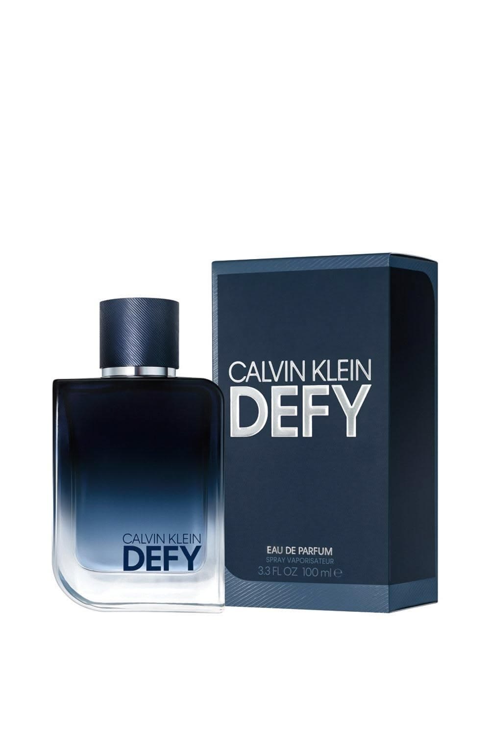 Calvin Klein Defy Eau De Parfum Spray for Men 100ml 3.3 oz deep blue glass bottle with textured cap
