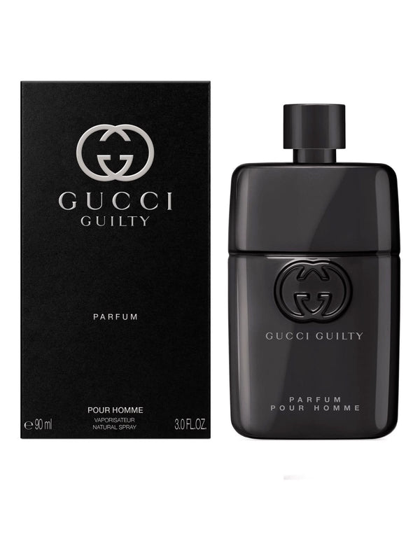 Gucci Guilty Pour Homme Eau De Parfum Spray for Men 90ml 3.0 oz heavy matte black glass bottle with silver interlocked G logo and dark box