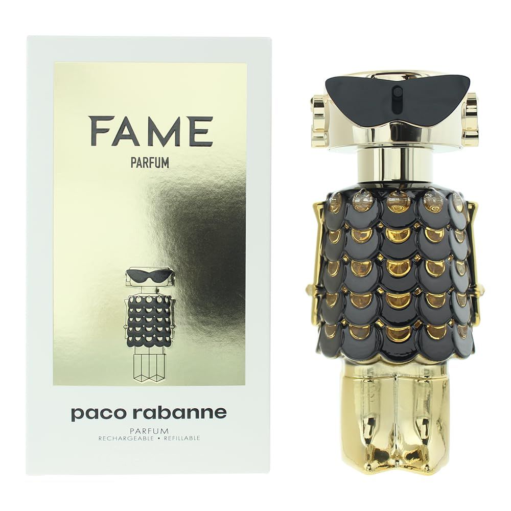 Paco Rabanne Fame Refillable Parfum Spray for Women 80ml 2.7 oz black glossy dress robot bottle and box