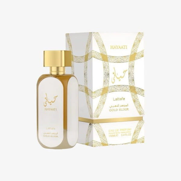 Lattafa Hayaati Gold Elixir Eau de Parfum 100ml 3.4 oz white and gold perfume bottle with patterned white box