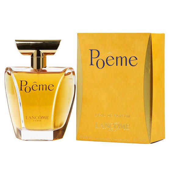 Lancôme Poême Eau De Parfum Spray for Women 100ml 3.4 oz curved golden glass bottle with T-shaped stopper and box