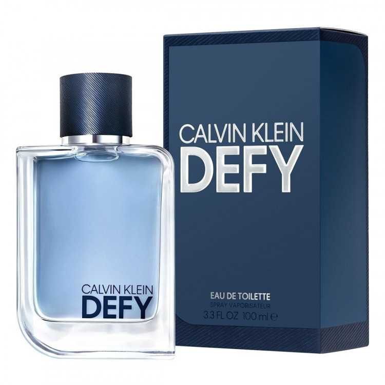 Calvin Klein Defy Eau De Toilette Spray for Men 100ml 3.3 oz clear glass architectural bottle and matte blue box