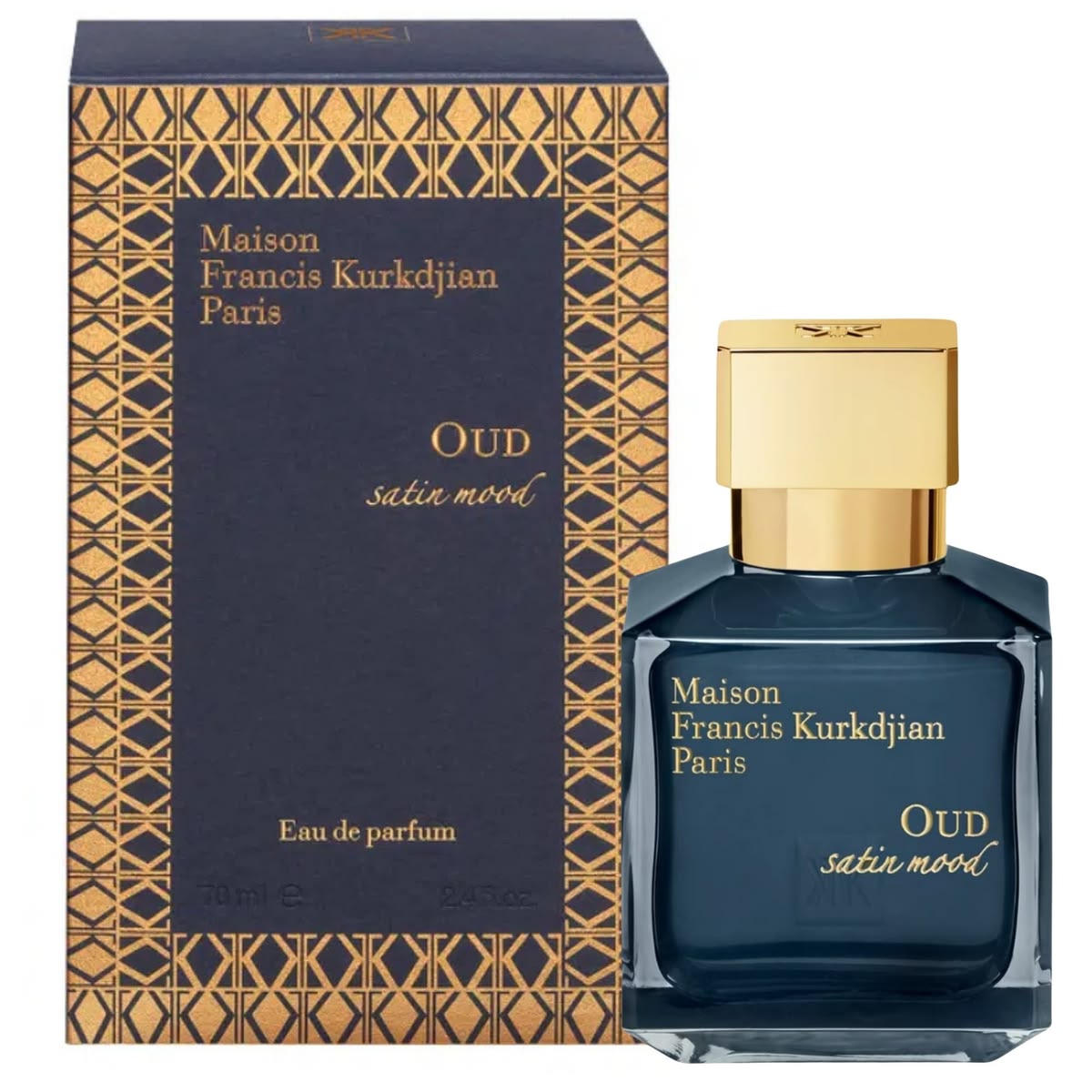 Maison Francis Kurkdjian Oud Satin Mood Eau De Parfum Spray 70ml 2.4 oz deep navy blue glass bottle with gold metallic cap and box
