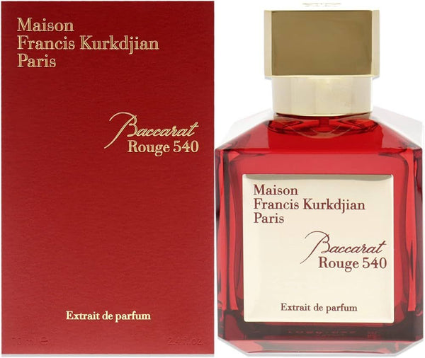 Maison Francis Kurkdjian Baccarat Rouge 540 Extrait De Parfum Spray 70ml 2.4 oz crimson red glass bottle with metallic gold label and gold cap