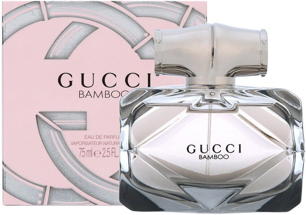 Gucci Bamboo Eau De Parfum Spray for Women 75ml 2.5 oz diamond-cut glass bottle with silver bamboo cap and pink box